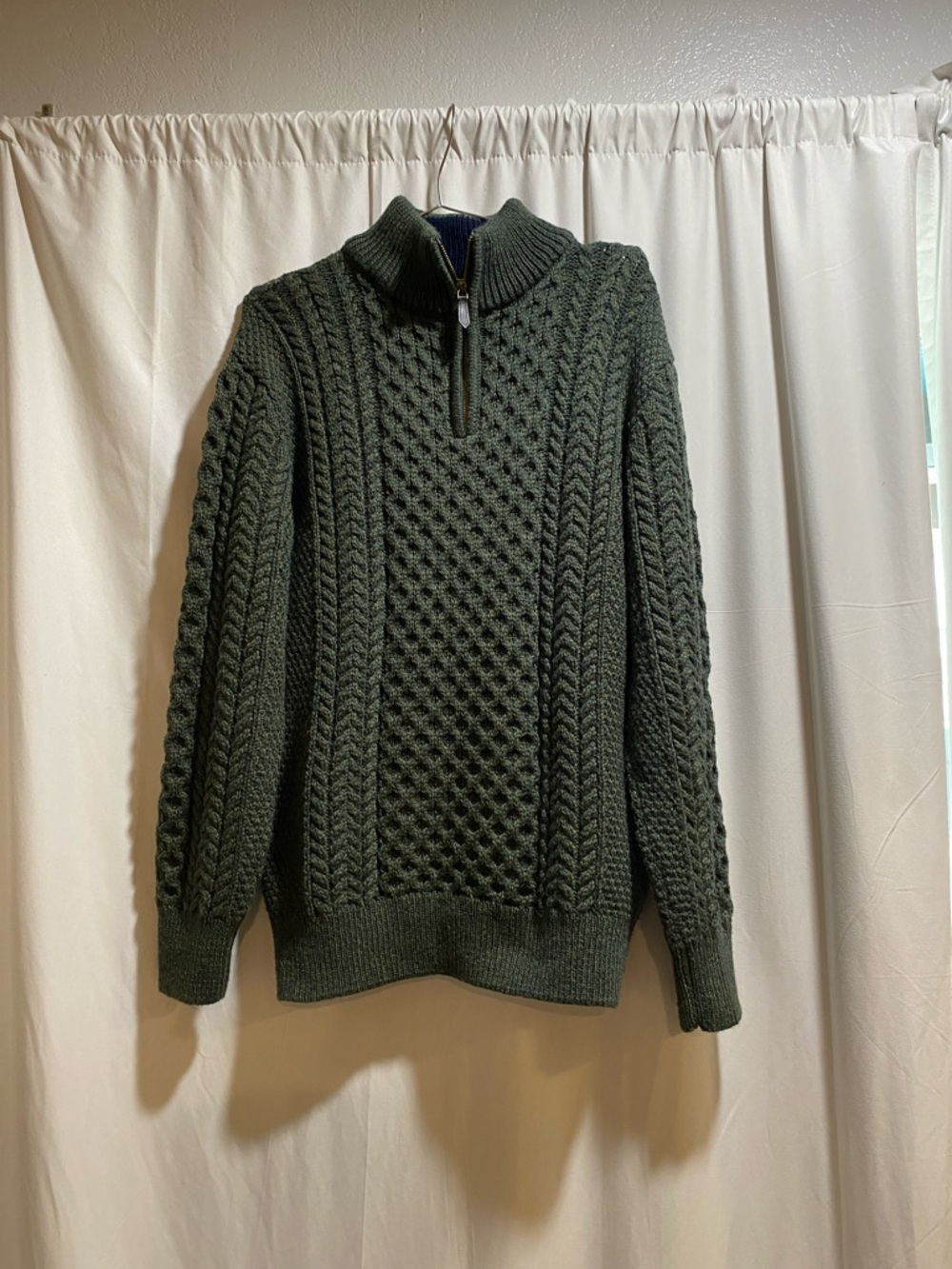 Men's Olive Green Cable Knit Half-Zip Sweater 100% merino wool